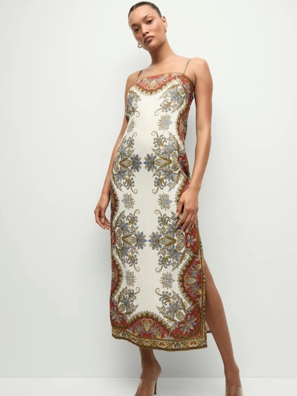 Veronica Beard Maxi Dress Petra Paisley Square Neck Slit Linen Red Blue Size Xs